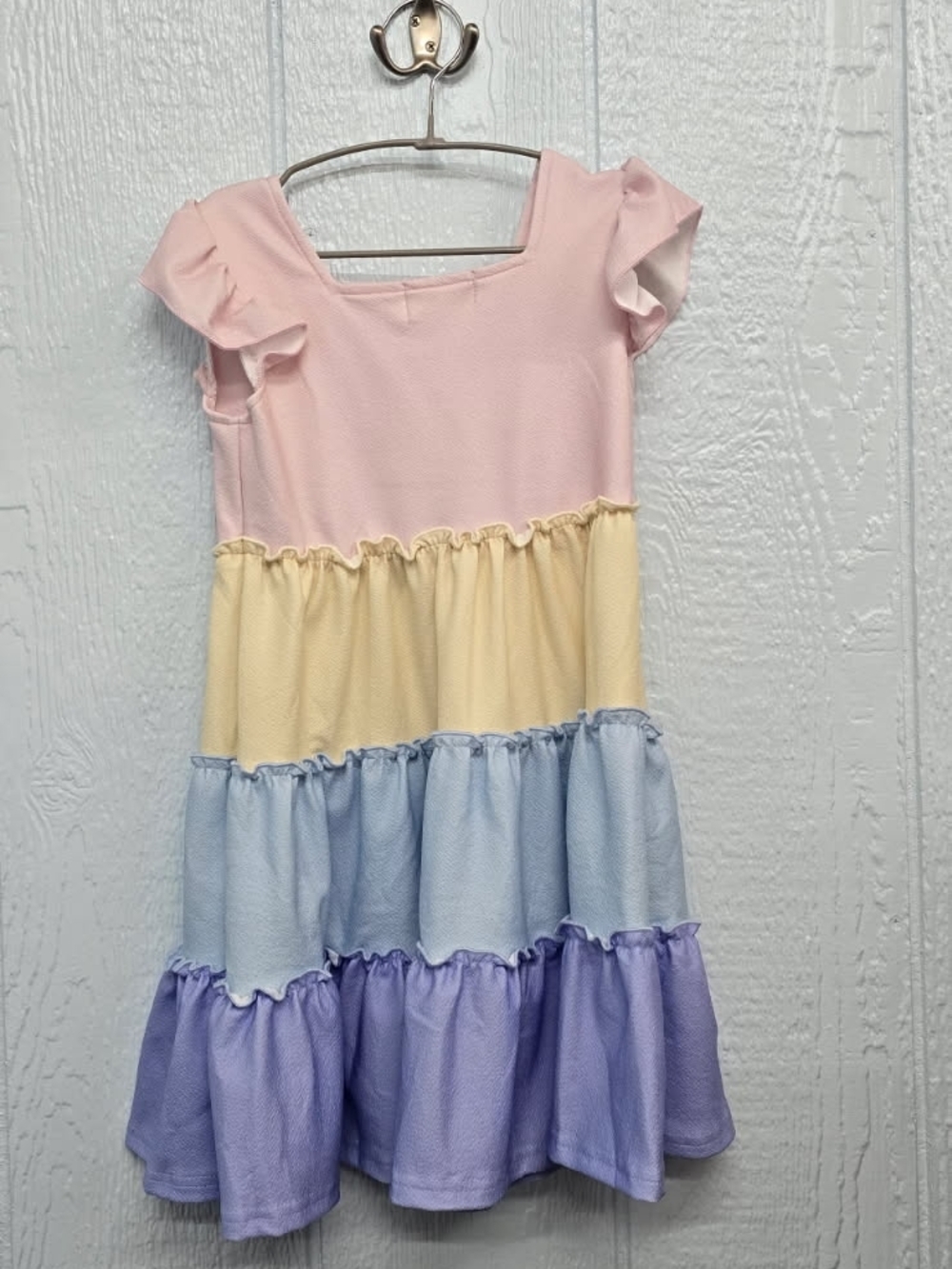 NWT Size 5 Size Pastel Tiered Flutter-Sleeve Kids DressPink,Yellow, Blue, Purple